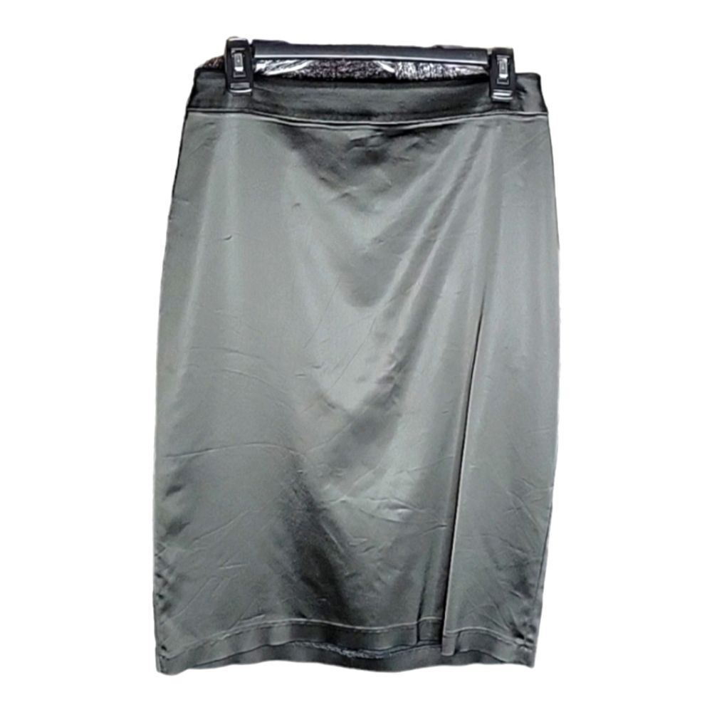 Vintage Tadashi Shoji Skirt 10 Shiny Satin Black Pencil Knee Length Stretch